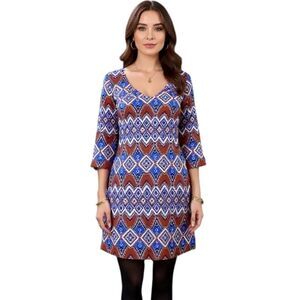 V Neck 3/4 Sleeve Tribal Shift Dress - NEW